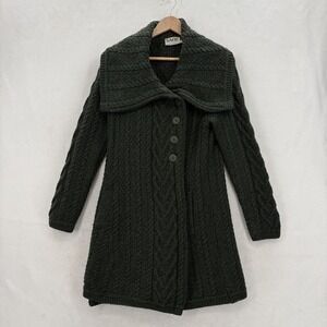 SAOL Ireland Cardigan Sweater Womens Medium Green 100% Merino Wool Collared Coat
